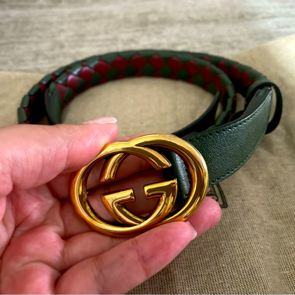 New Gucci women’s braided belt. Red, green and gold hardware.